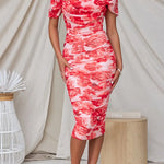 Off Shoulder Ruched Mesh Overlay Floral Midi Dress
