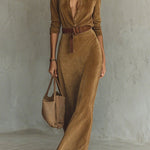 Margovil Long Sleeves Button Up Faux Suede Belted Maxi Dress
