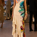 One Shoulder Sleeveless Floral Print Ruffle Hem Maxi Dress
