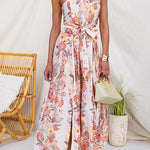 Strapless Floral Print Tie Waist Split Wide Leg Jumpsuit