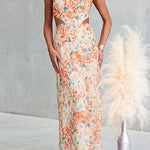 Crewneck Cut Out Waist Floral Print Maxi Dress