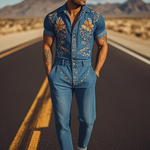Men's Summer Fashion Casual Classic Western Style Tencel Denim Embroidered Jumpsuit