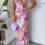 Margovil V Neck Backless Ruffle Trim Slit Floral Print Maxi Cami Dress