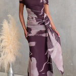 Asymmetrical Shoulder Draped Front Printed Maxi Dress