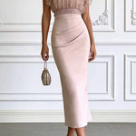 Mockneck Ruffle Short Sleeves Crop Top Back Slit Bodycon Maxi Dress Set