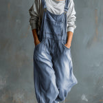 Casual Retro Washed Denim Blue Pocket Overalls