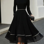 Long Sleeve Contrast Trim Midi Dress With Flared Skirt
