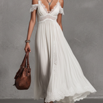 Women's Bohemian Style White Pearl Chiffon Lace Patchwork Off-the-shoulder Long Dress