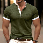 Men's Casual Colorblock Cotton Henley Collar Patch Pocket Slim Fit Short Sleeve T-Shirt