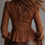 Vintage Caramel Eco-Suede Ruffle Blouse With Lace Trim