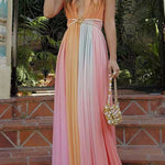 Deep V Neck Sleeveless Rainbow Maxi Dress