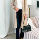 Collared Open Front Ribbed Knit Midi Sweater Cardigan