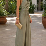 Margovil Halter Cowl Neck Sleeveless Top Elastic Waist Wide Leg Pants Set