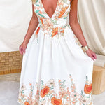 Halter V Neck Lace-up Backless Sunflower Print Maxi Dress