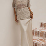 Crewneck Half Sleeves Crochet Hollow Out Sequin Top