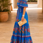 Margovil Off Shoulder Bow Waist Floral Print Ruffle Maxi Dress