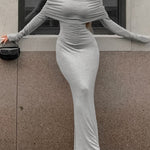 Long Sleeves Skinny Pleated Solid Color Split-Joint Off-The-Shoulder Evening Dresses Maxi Dresses