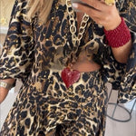 Gold Foil Leopard Print Balloon Sleeve Twist Top and High Rise Elastic Waist Oversized Flare Pants Set