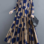 A-Line Long Sleeves Buttoned Pleated Polka-Dot Split-Joint Stand Collar Maxi Dresses Shirt Dress