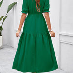 A-Line High Waisted Elasticity Pleated Solid Color Split-Joint V-Neck Midi Dresses