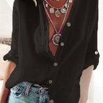 Ladies Cotton Linen Solid Color Pull-Sleeve Loose V-Neck Long-Sleeve Shirt