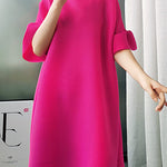 A-line Flared Sleeves Pleated Solid Color Round-neck Maxi Dresses Midi Dresses