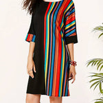 A-Line Half Sleeves Asymmetric Contrast Color Striped Round-Neck Mini Dresses