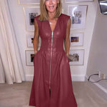A-Line Elasticated Waist Pockets Solid Color Split-Joint Zipper V-Neck Midi Dresses