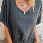 Linen Blend Solid Color V-neck Loose Pleated Casual Top