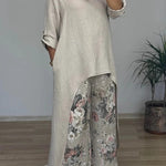 Linen Blend Crew Neck Long Sleeve Irregular Loose Top and Elastic Waist Floral Print Casual Pocket Set