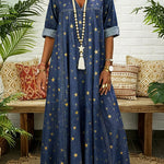 A-Line Long Sleeves Pleated Pockets Printed Split-Joint V-Neck Maxi Dresses