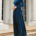 Long Sleeves Wrap Belted Pleated Solid Color Zipper Round-Neck Maxi Dresses