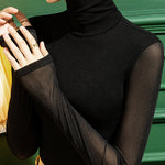Long Sleeves Plus Size See-Through Solid Color Split-Joint High Neck T-Shirts