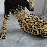 Bodycon Long Sleeves Contrast Color Leopard Shiny Split-Joint Round-Neck Midi Dresses