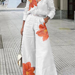 Long Sleeves Wide Leg Floral Printed Split-Joint Pants Trousers