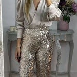 Glitzy Glamour Sequin High Rise Elastic Waist Wide Leg Pants