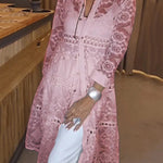 Solid Color Hollow Lace Lapel Button Long Shirt