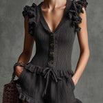 Vintage Elegant Charcoal Ruffle Knit Two-Piece Set