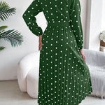 High Waisted Long Sleeves Pleated Polka Dot Tied Waist V-Neck Maxi Dresses Shirt Dress