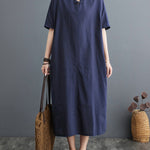 A-Line Loose Chinese Frog Buttons Pockets Solid Color Split-Side V-Neck Midi Dresses