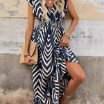 Flying Sleeves Loose Elasticity Printed Split-Joint V-Neck Maxi Dresses