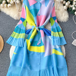 Flared Sleeves Loose Belted Contrast Color Pleated Midi Dresses