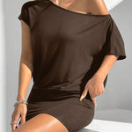 Raglan Sleeve Skinny Asymmetric Solid Color Split-Joint One-Shoulder Mini Dresses