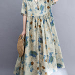 Artistic Retro Loose Floral Printed Pleated Vacation Midi Dress