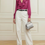 Long Sleeves Loose Ruffle Trim Solid Color V-Neck Blouses&Shirts Tops