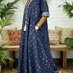 A-Line Long Sleeves Pleated Pockets Printed Split-Joint V-Neck Maxi Dresses