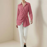 Long Sleeves Wrap Asymmetric Knot Pleated Lapel Blouses&Shirts Tops