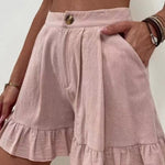 Women Summer Cotton Casual Plain Natural Ruffled Shorts