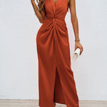 Bodycon High Waisted Elasticity Knot Solid Color Split-Front Split-Joint Zipper V-Neck Maxi Dresses