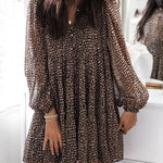 Long Sleeves Loose Buttoned Leopard Pleated V-Neck Mini Dresses